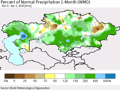 Kazakhstan Percent of Normal Precipitation 1-Month (WMO) Thematic Map For 3/6/2024 - 4/5/2024