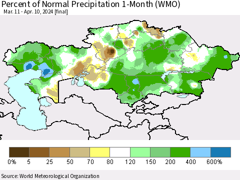 Kazakhstan Percent of Normal Precipitation 1-Month (WMO) Thematic Map For 3/11/2024 - 4/10/2024