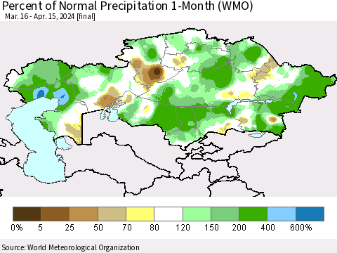 Kazakhstan Percent of Normal Precipitation 1-Month (WMO) Thematic Map For 3/16/2024 - 4/15/2024