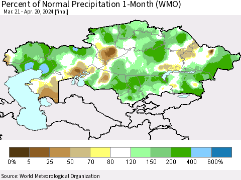 Kazakhstan Percent of Normal Precipitation 1-Month (WMO) Thematic Map For 3/21/2024 - 4/20/2024