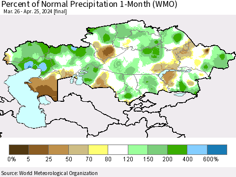 Kazakhstan Percent of Normal Precipitation 1-Month (WMO) Thematic Map For 3/26/2024 - 4/25/2024