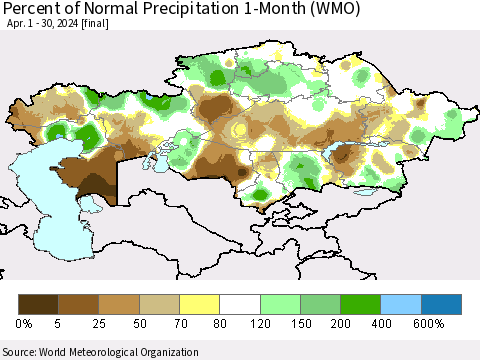 Kazakhstan Percent of Normal Precipitation 1-Month (WMO) Thematic Map For 4/1/2024 - 4/30/2024