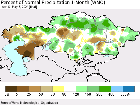 Kazakhstan Percent of Normal Precipitation 1-Month (WMO) Thematic Map For 4/6/2024 - 5/5/2024