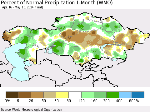 Kazakhstan Percent of Normal Precipitation 1-Month (WMO) Thematic Map For 4/16/2024 - 5/15/2024