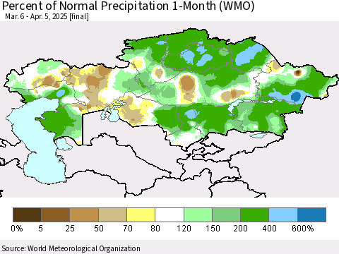 Kazakhstan Percent of Normal Precipitation 1-Month (WMO) Thematic Map For 3/6/2025 - 4/5/2025