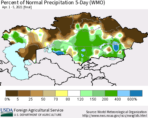 Kazakhstan Percent of Normal Precipitation 5-Day (WMO) Thematic Map For 4/1/2021 - 4/5/2021
