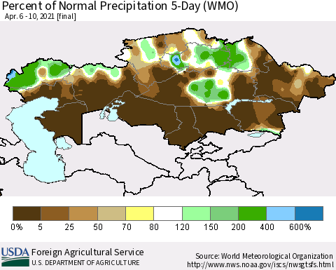 Kazakhstan Percent of Normal Precipitation 5-Day (WMO) Thematic Map For 4/6/2021 - 4/10/2021