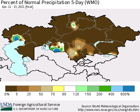 Kazakhstan Percent of Normal Precipitation 5-Day (WMO) Thematic Map For 4/11/2021 - 4/15/2021