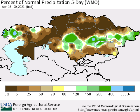 Kazakhstan Percent of Normal Precipitation 5-Day (WMO) Thematic Map For 4/16/2021 - 4/20/2021