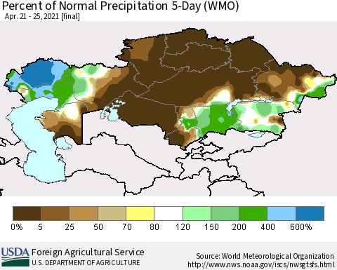 Kazakhstan Percent of Normal Precipitation 5-Day (WMO) Thematic Map For 4/21/2021 - 4/25/2021