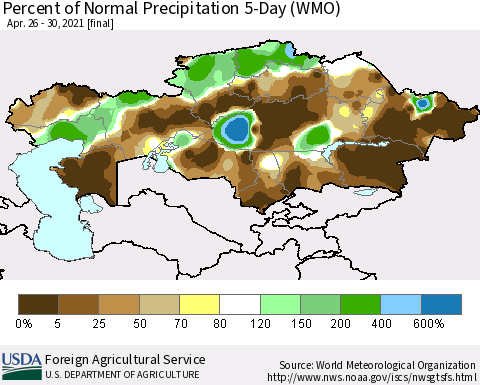 Kazakhstan Percent of Normal Precipitation 5-Day (WMO) Thematic Map For 4/26/2021 - 4/30/2021