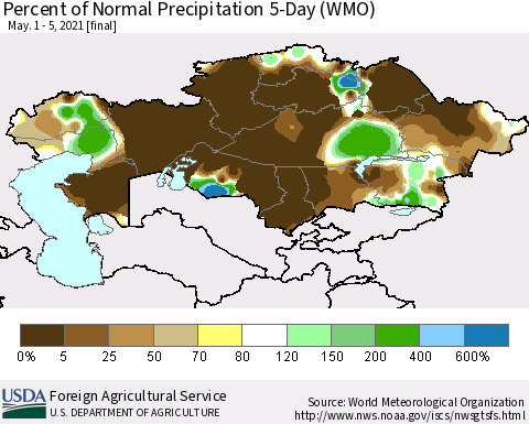 Kazakhstan Percent of Normal Precipitation 5-Day (WMO) Thematic Map For 5/1/2021 - 5/5/2021