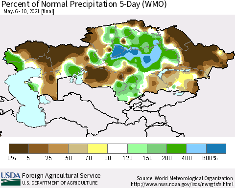 Kazakhstan Percent of Normal Precipitation 5-Day (WMO) Thematic Map For 5/6/2021 - 5/10/2021