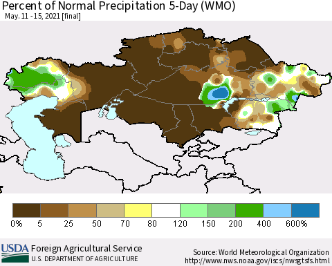 Kazakhstan Percent of Normal Precipitation 5-Day (WMO) Thematic Map For 5/11/2021 - 5/15/2021