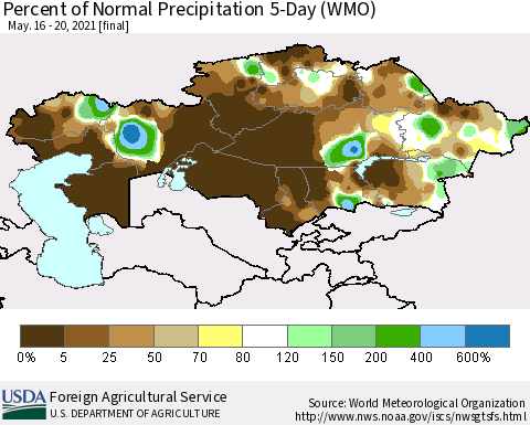 Kazakhstan Percent of Normal Precipitation 5-Day (WMO) Thematic Map For 5/16/2021 - 5/20/2021