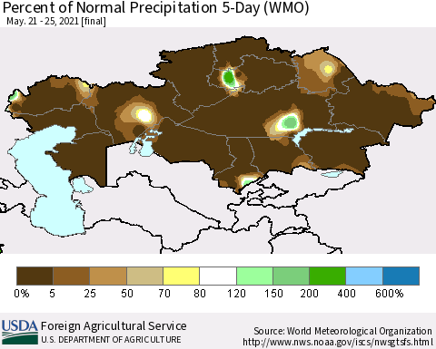 Kazakhstan Percent of Normal Precipitation 5-Day (WMO) Thematic Map For 5/21/2021 - 5/25/2021