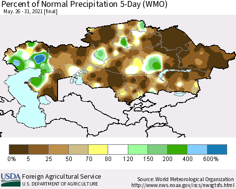Kazakhstan Percent of Normal Precipitation 5-Day (WMO) Thematic Map For 5/26/2021 - 5/31/2021