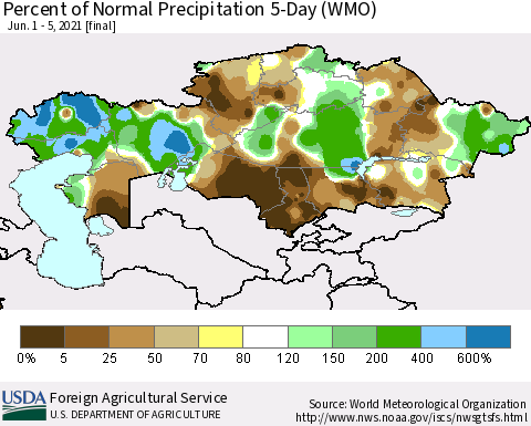 Kazakhstan Percent of Normal Precipitation 5-Day (WMO) Thematic Map For 6/1/2021 - 6/5/2021