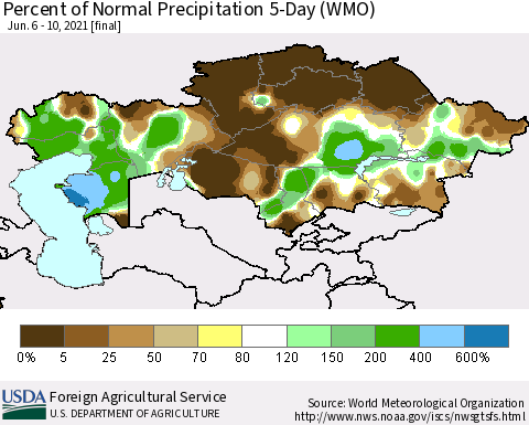 Kazakhstan Percent of Normal Precipitation 5-Day (WMO) Thematic Map For 6/6/2021 - 6/10/2021
