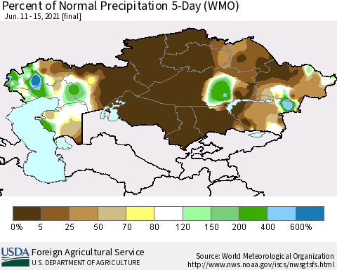 Kazakhstan Percent of Normal Precipitation 5-Day (WMO) Thematic Map For 6/11/2021 - 6/15/2021