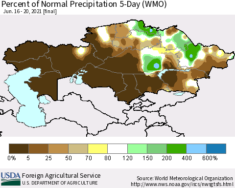 Kazakhstan Percent of Normal Precipitation 5-Day (WMO) Thematic Map For 6/16/2021 - 6/20/2021