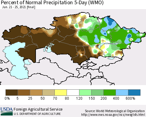 Kazakhstan Percent of Normal Precipitation 5-Day (WMO) Thematic Map For 6/21/2021 - 6/25/2021