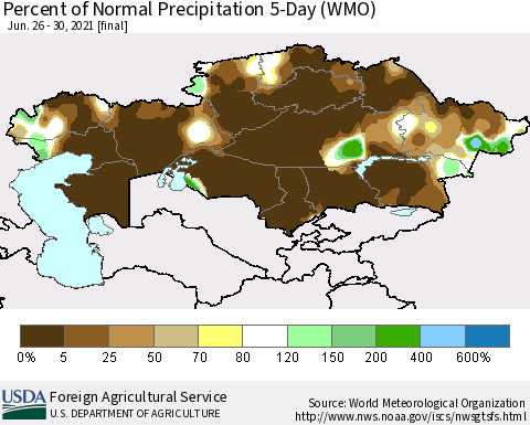 Kazakhstan Percent of Normal Precipitation 5-Day (WMO) Thematic Map For 6/26/2021 - 6/30/2021