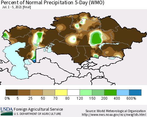 Kazakhstan Percent of Normal Precipitation 5-Day (WMO) Thematic Map For 7/1/2021 - 7/5/2021