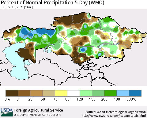 Kazakhstan Percent of Normal Precipitation 5-Day (WMO) Thematic Map For 7/6/2021 - 7/10/2021