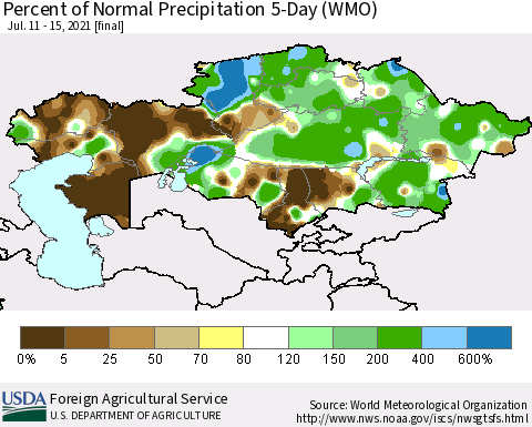 Kazakhstan Percent of Normal Precipitation 5-Day (WMO) Thematic Map For 7/11/2021 - 7/15/2021