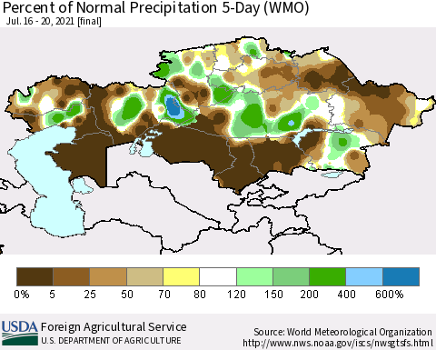 Kazakhstan Percent of Normal Precipitation 5-Day (WMO) Thematic Map For 7/16/2021 - 7/20/2021