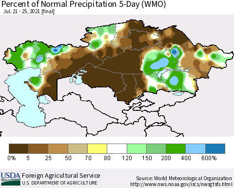 Kazakhstan Percent of Normal Precipitation 5-Day (WMO) Thematic Map For 7/21/2021 - 7/25/2021