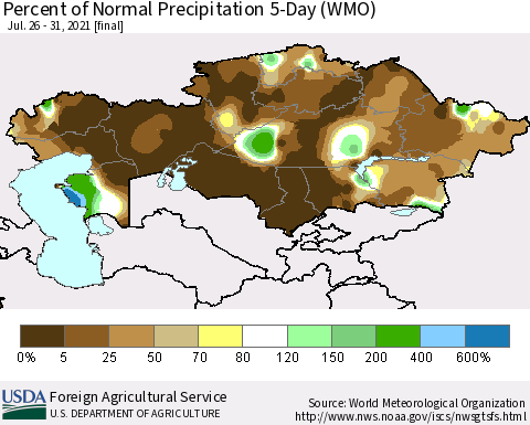 Kazakhstan Percent of Normal Precipitation 5-Day (WMO) Thematic Map For 7/26/2021 - 7/31/2021