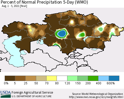 Kazakhstan Percent of Normal Precipitation 5-Day (WMO) Thematic Map For 8/1/2021 - 8/5/2021