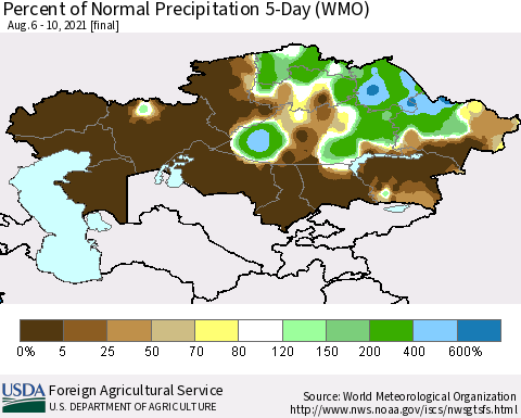 Kazakhstan Percent of Normal Precipitation 5-Day (WMO) Thematic Map For 8/6/2021 - 8/10/2021