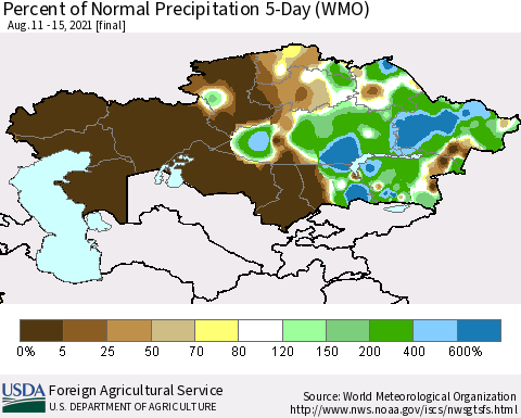 Kazakhstan Percent of Normal Precipitation 5-Day (WMO) Thematic Map For 8/11/2021 - 8/15/2021