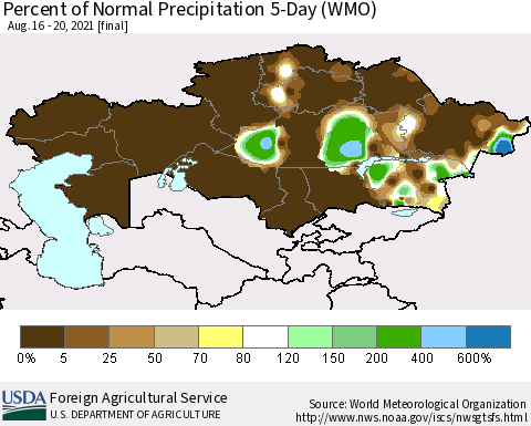 Kazakhstan Percent of Normal Precipitation 5-Day (WMO) Thematic Map For 8/16/2021 - 8/20/2021