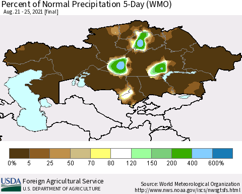 Kazakhstan Percent of Normal Precipitation 5-Day (WMO) Thematic Map For 8/21/2021 - 8/25/2021