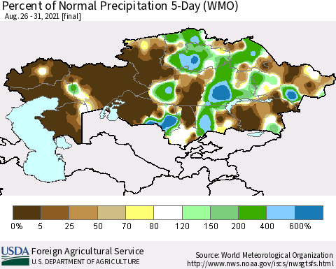 Kazakhstan Percent of Normal Precipitation 5-Day (WMO) Thematic Map For 8/26/2021 - 8/31/2021