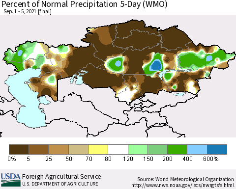 Kazakhstan Percent of Normal Precipitation 5-Day (WMO) Thematic Map For 9/1/2021 - 9/5/2021