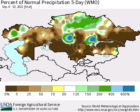 Kazakhstan Percent of Normal Precipitation 5-Day (WMO) Thematic Map For 9/6/2021 - 9/10/2021