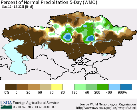 Kazakhstan Percent of Normal Precipitation 5-Day (WMO) Thematic Map For 9/11/2021 - 9/15/2021