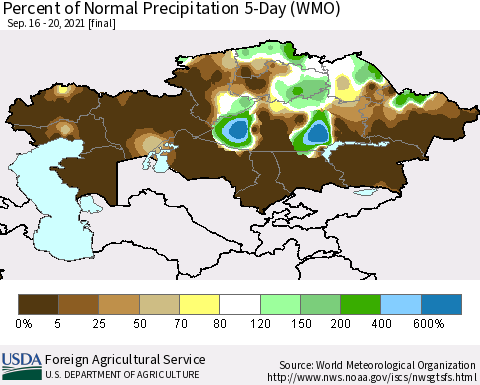 Kazakhstan Percent of Normal Precipitation 5-Day (WMO) Thematic Map For 9/16/2021 - 9/20/2021