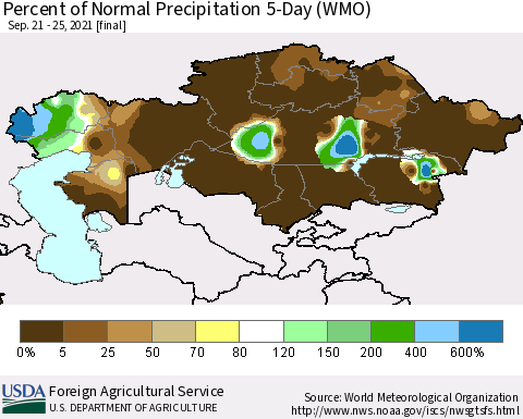 Kazakhstan Percent of Normal Precipitation 5-Day (WMO) Thematic Map For 9/21/2021 - 9/25/2021