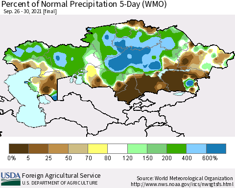 Kazakhstan Percent of Normal Precipitation 5-Day (WMO) Thematic Map For 9/26/2021 - 9/30/2021