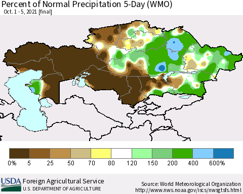 Kazakhstan Percent of Normal Precipitation 5-Day (WMO) Thematic Map For 10/1/2021 - 10/5/2021