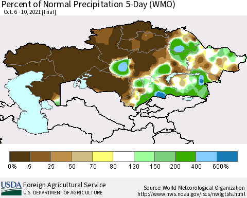 Kazakhstan Percent of Normal Precipitation 5-Day (WMO) Thematic Map For 10/6/2021 - 10/10/2021