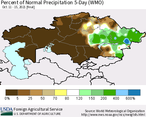 Kazakhstan Percent of Normal Precipitation 5-Day (WMO) Thematic Map For 10/11/2021 - 10/15/2021