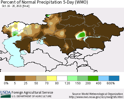 Kazakhstan Percent of Normal Precipitation 5-Day (WMO) Thematic Map For 10/16/2021 - 10/20/2021