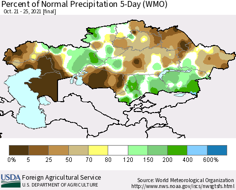 Kazakhstan Percent of Normal Precipitation 5-Day (WMO) Thematic Map For 10/21/2021 - 10/25/2021
